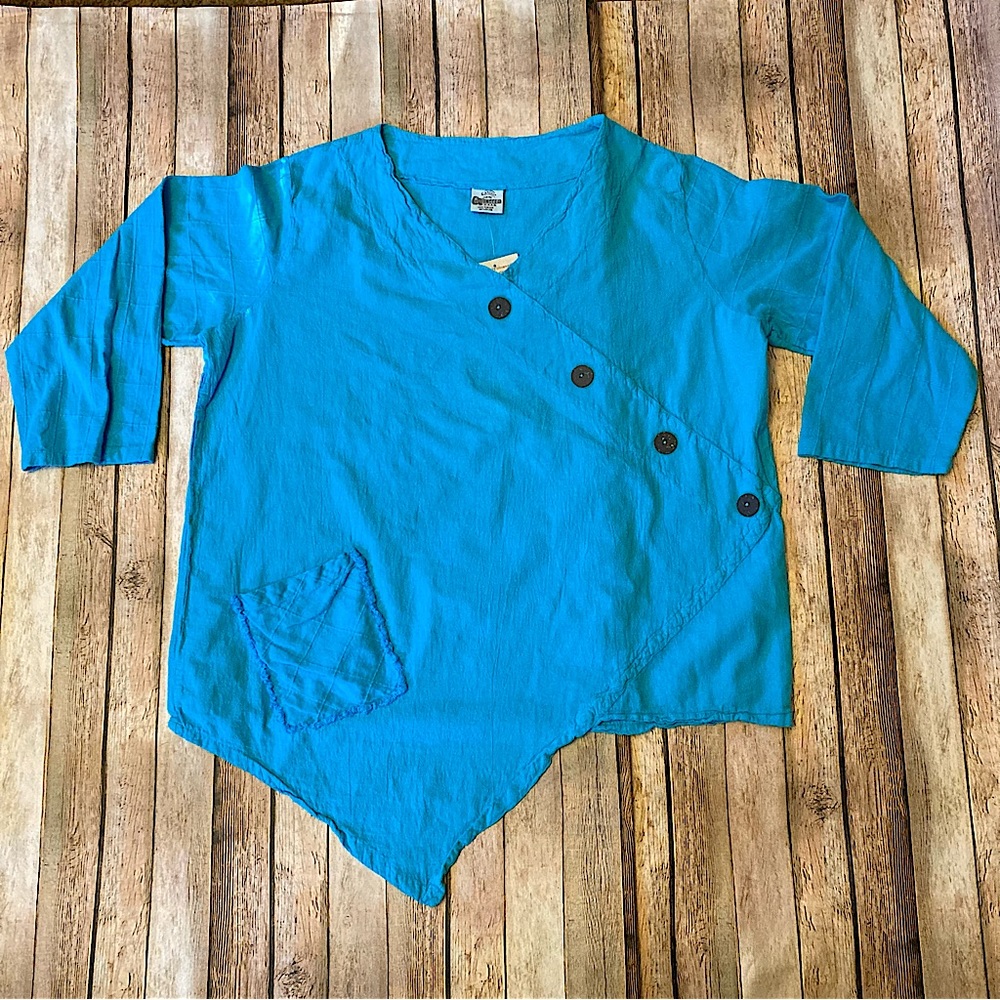 NWT Cottonseed Wear Turquoise South Beach Asymmetrical Boho XL Top 3/4 Sleeve
